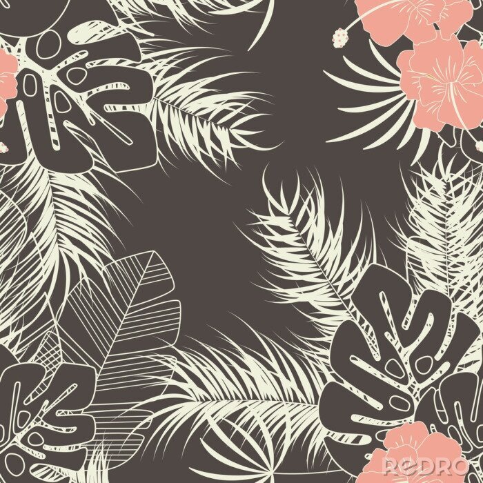 Papier peint à motif  Forme tropicale sans soudure d'été avec des feuilles de palmier de monstera, des plantes et des fleurs sur fond brun