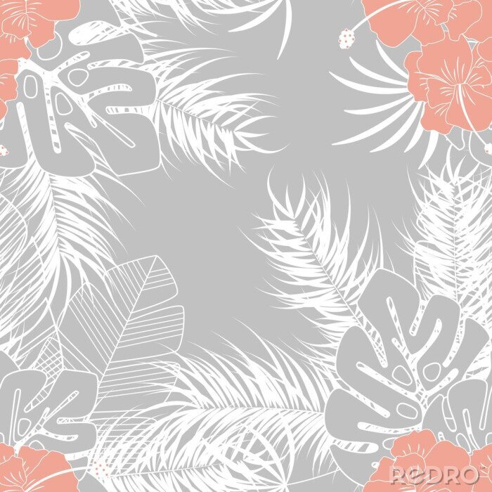 Papier peint à motif  Forme tropicale sans soudure d'été avec des feuilles de palmier de monstera et des plantes sur fond gris