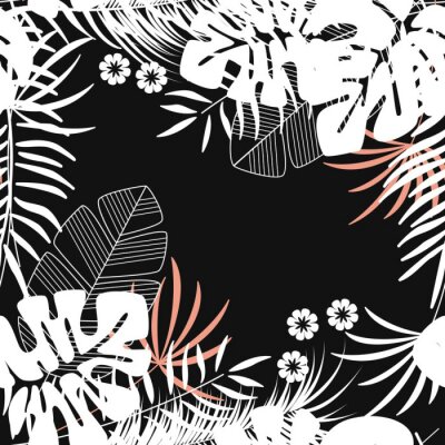 Papier peint à motif  Forme tropicale sans soudure d'été avec des feuilles de palmier de monstera et des plantes sur fond sombre