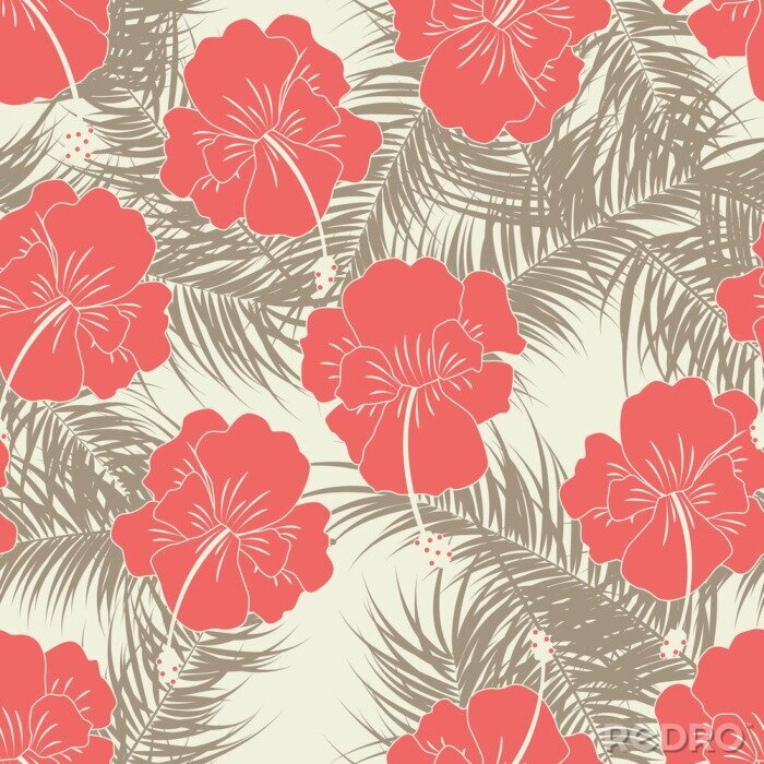Papier peint à motif  Forme tropicale transparente avec des feuilles brunes et des fleurs rouges sur fond vanille
