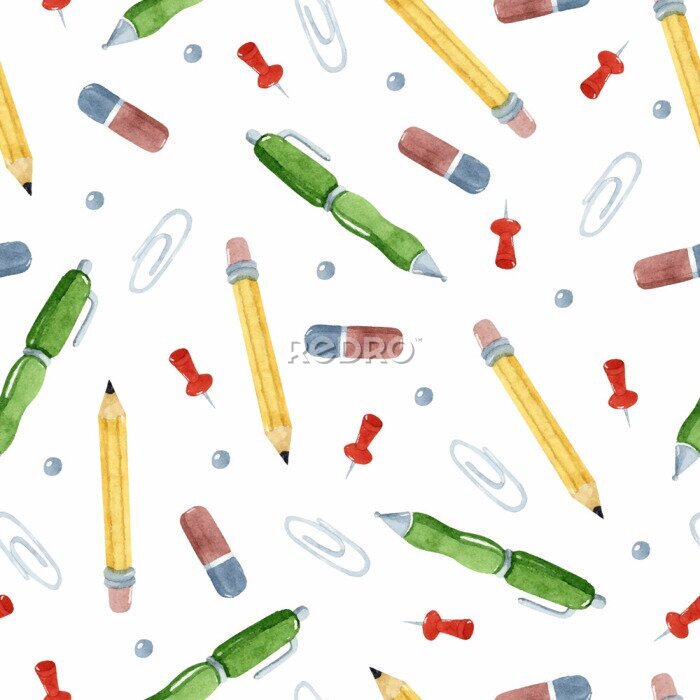 Papier peint à motif  Fournitures scolaires peintes à l'aquarelle
