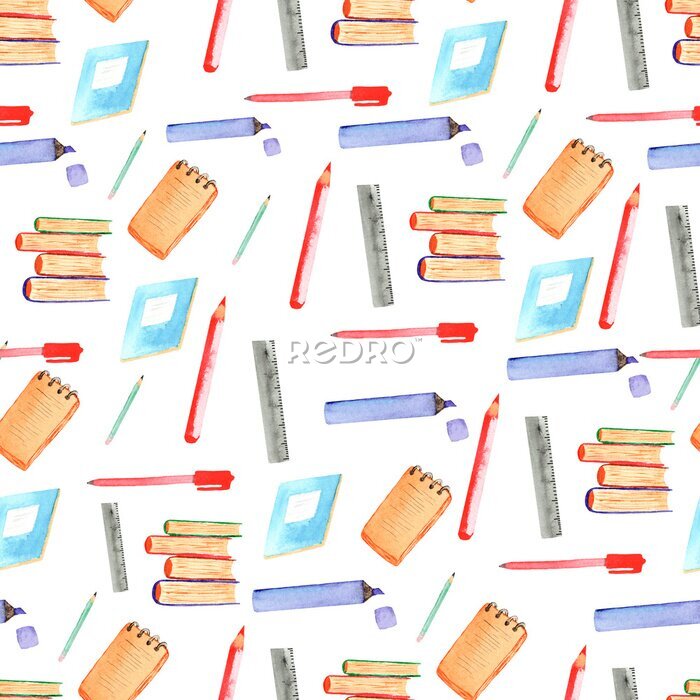 Papier peint à motif  Fournitures scolaires version aquarelle