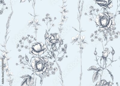 Papier peint à motif  Fourrés de roses en bleu