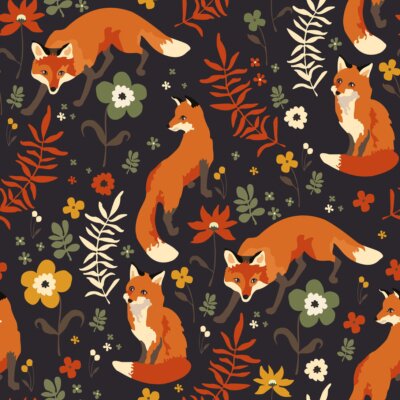 foxes walk in grass and flowers