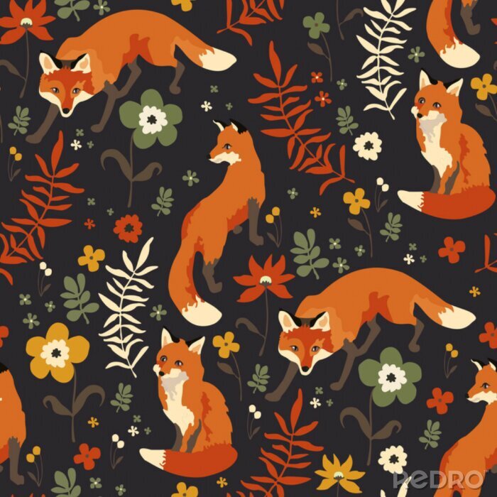 Papier peint à motif  foxes walk in grass and flowers