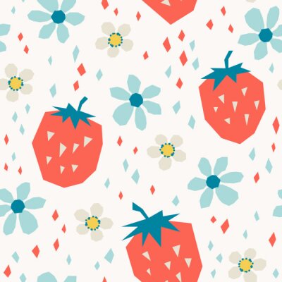 Papier peint à motif  Fraises graphiques et petites fleurs