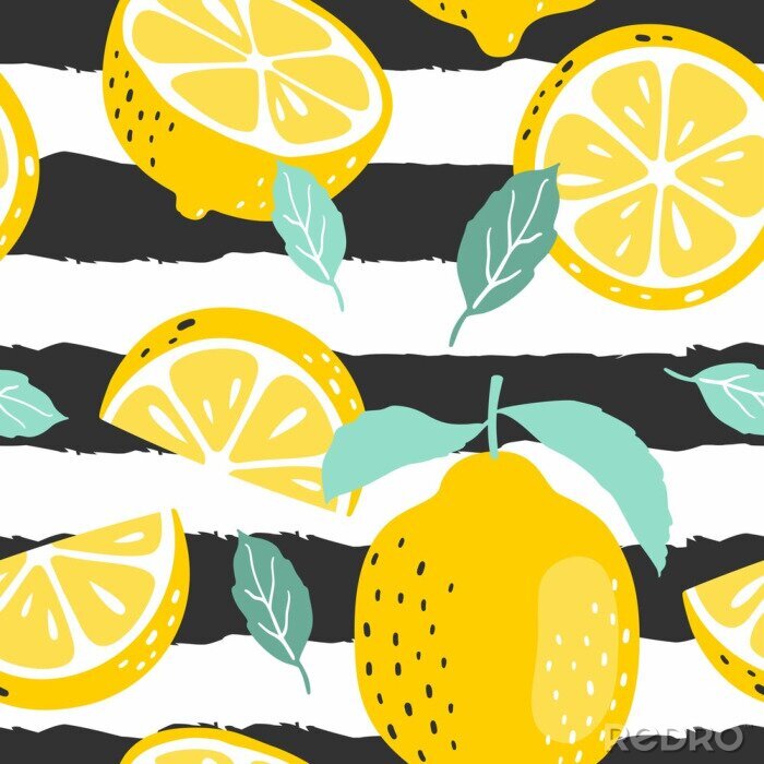 Papier peint à motif  Fruit de citron sur un fond rayé noir et blanc