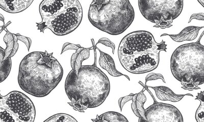 Papier peint à motif  Fruit de grenade esquissé avec des feuilles