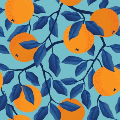 Papier peint à motif  Fruit orange sur l'arbre en bleu