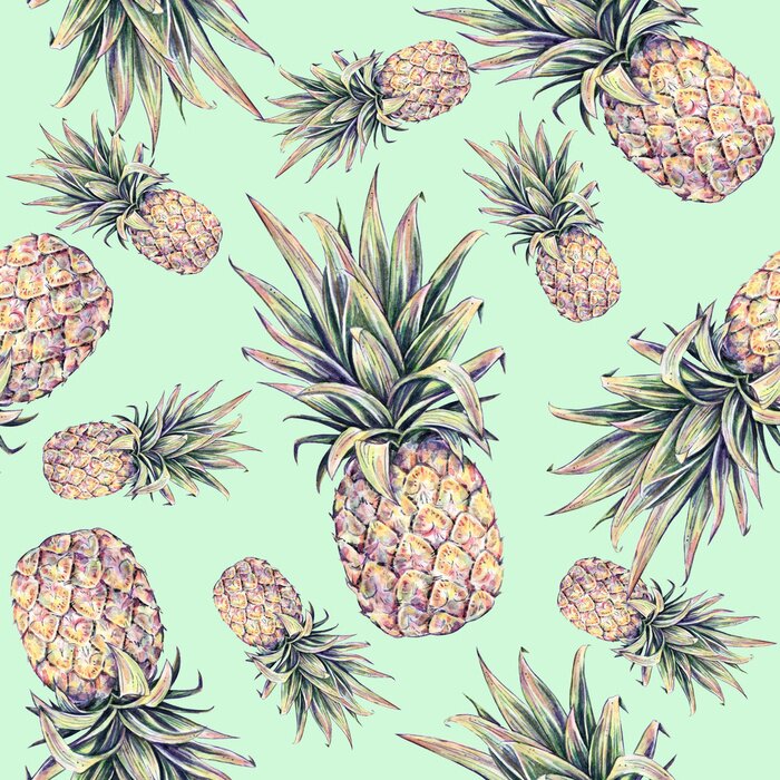 Papier peint à motif  Fruit tropical d'ananas sur un fond bleu