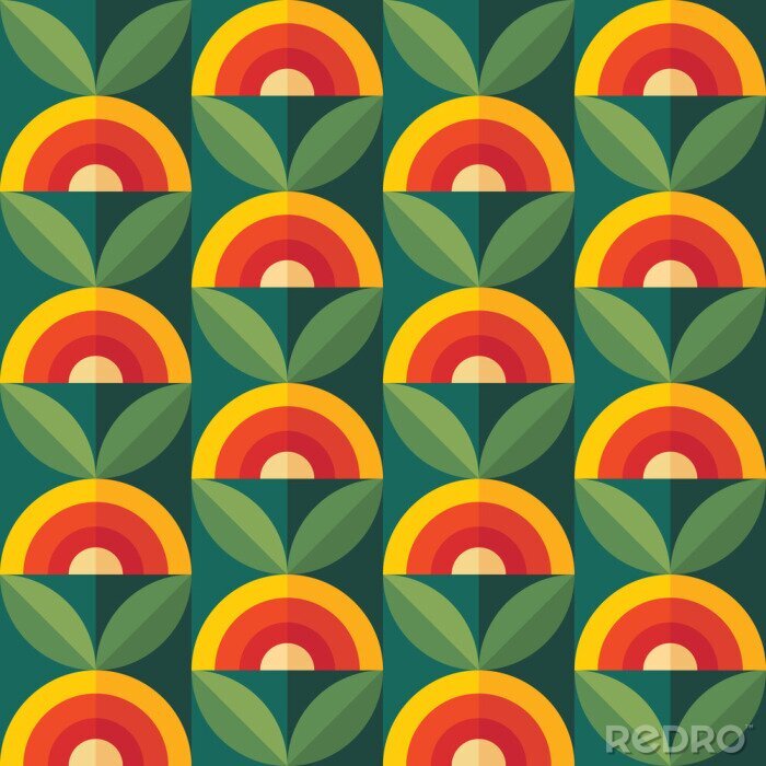 Papier peint à motif  Fruits and leaves nature background. Mid-century modern art vector. Abstract geometric seamless pattern. Decorative ornament in retro vintage design flat style. Floral backdrop.