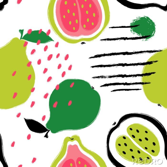 Papier peint à motif  Fruits colorés peints sur fond blanc