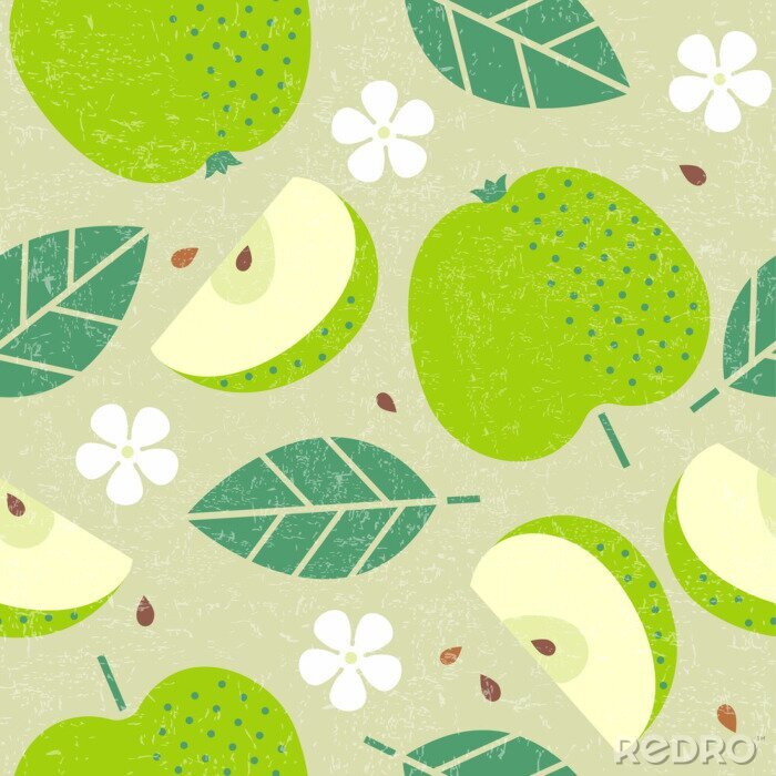 Papier peint à motif  Fruits et feuilles de pomme verte