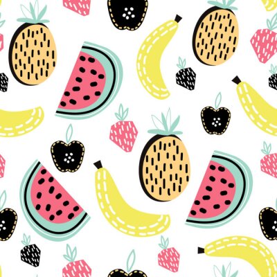 Papier peint à motif  Fruits graphiques pastèques ananas fraises