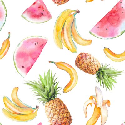 Papier peint à motif  Fruits tropicaux ananas bananes pastèques aquarelles