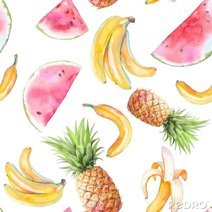 Papier peint à motif  Fruits tropicaux ananas bananes pastèques aquarelles