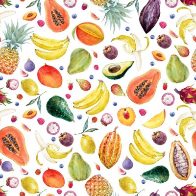 Papier peint à motif  Fruits tropicaux aquarelles sur fond blanc