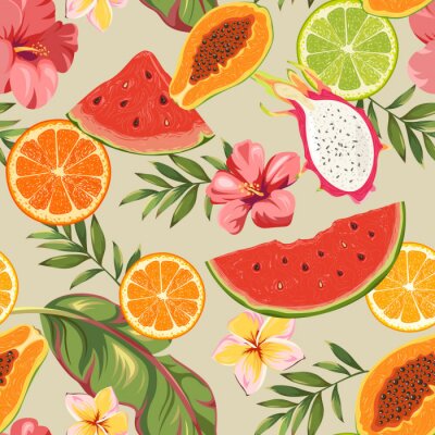 Papier peint à motif  Fruits tropicaux avec fleurs et feuilles