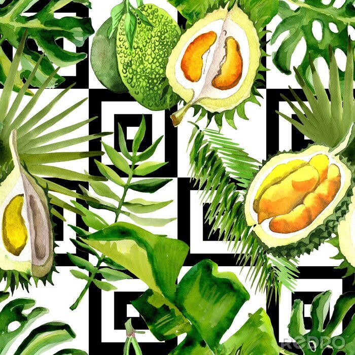Papier peint à motif  Fruits tropicaux sur des feuilles