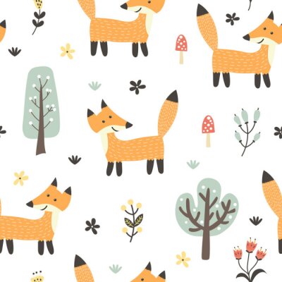 Papier peint à motif  Funny fox seamless pattern. Forest background in childish style