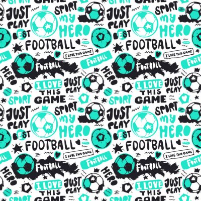 Funny Seamless Pattern with soccer balls and text for children. Grunge style, doodle, short hand written phrases. Sports background. Text: just play, i love this game, hero..