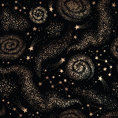 Galaxy seamless black pattern with gold nebula, constellations and stars