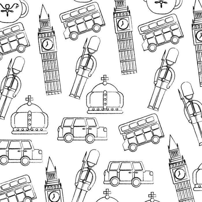 Papier peint à motif  garde big ben autobus à impériale couronne crown londres royaume-uni modèle image vector illustrationd design ligne de croquis noir