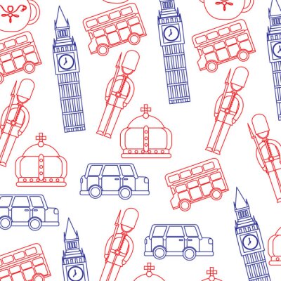 Papier peint à motif  garde big ben bus à impériale couronne crown londres royaume-uni modèle image vector illustrationd design bleu ligne rouge