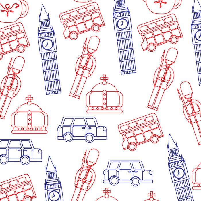 Papier peint à motif  garde big ben bus à impériale couronne crown londres royaume-uni modèle image vector illustrationd design bleu ligne rouge