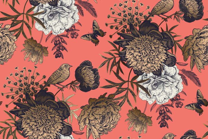 Papier peint à motif  Garden flowers peonies on a coral background. Luxury seamless pattern.