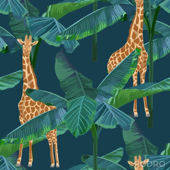 Papier peint à motif  Girafe et feuilles de palmier