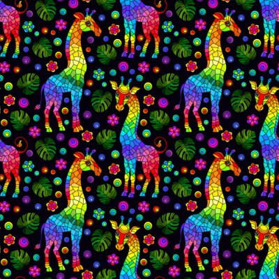 Papier peint à motif  Girafes arc-en-ciel parmi les feuilles tropicales