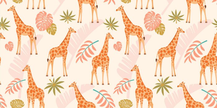 Papier peint à motif  Girafes au milieu de feuilles tropicales