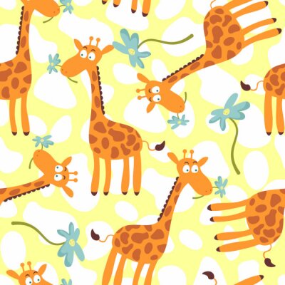 Papier peint à motif  Girafes aux fleurs bleues