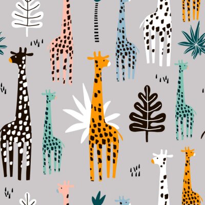 Papier peint à motif  Girafes colorées parmi les feuilles tropicales