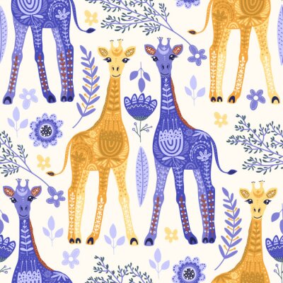 Papier peint à motif  Girafes de conte de fées parmi les fleurs et les feuilles