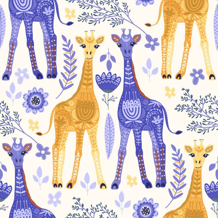 Papier peint à motif  Girafes de conte de fées parmi les fleurs et les feuilles