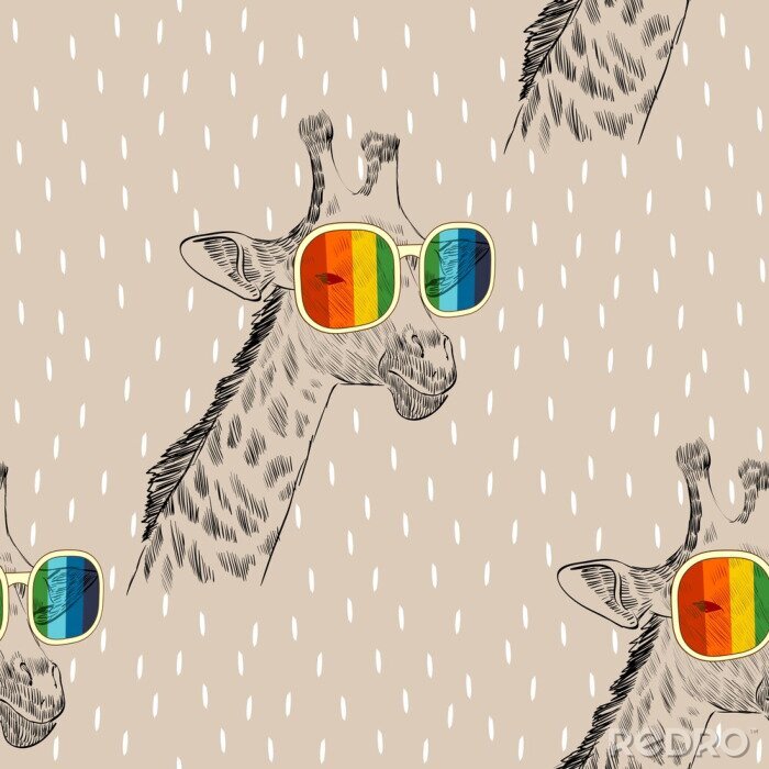 Papier peint à motif  Girafes drôles dans des verres arc-en-ciel
