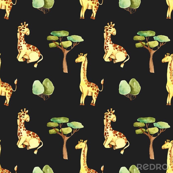 Papier peint à motif  Girafes et arbres aquarelles sur fond noir