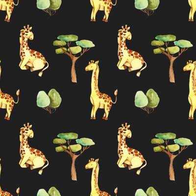 Papier peint à motif  Girafes et arbres aquarelles sur fond noir