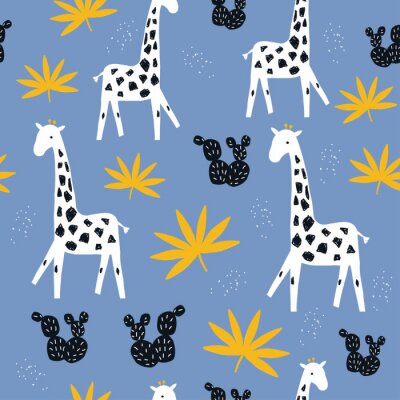 Papier peint à motif  Girafes et feuilles tropicales sur fond bleu