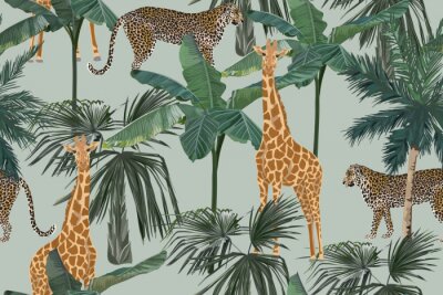 Girafes et léopards parmi les palmiers