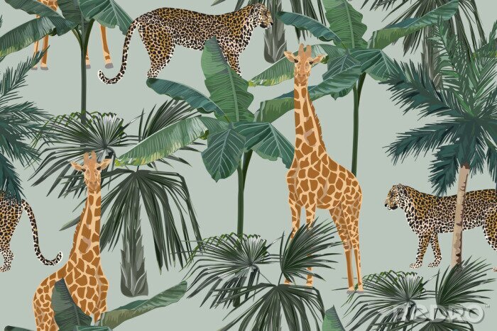 Papier peint à motif  Girafes et léopards parmi les palmiers