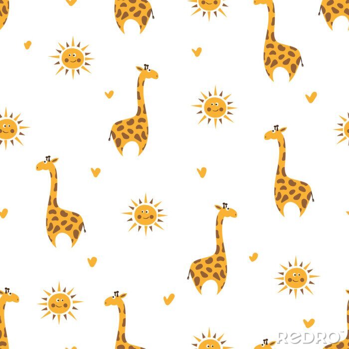 Papier peint à motif  Girafes et soleil parmi les coeurs