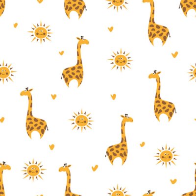 Papier peint à motif  Girafes et soleil parmi les coeurs