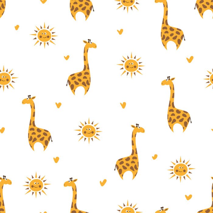 Papier peint à motif  Girafes et soleil parmi les coeurs