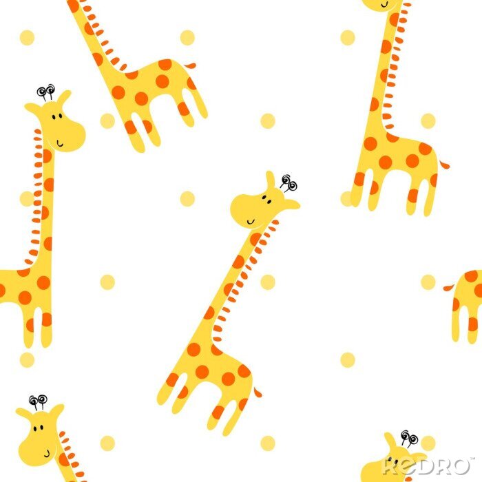 Papier peint à motif  Girafes mignonnes et pois géométriques sur fond blanc