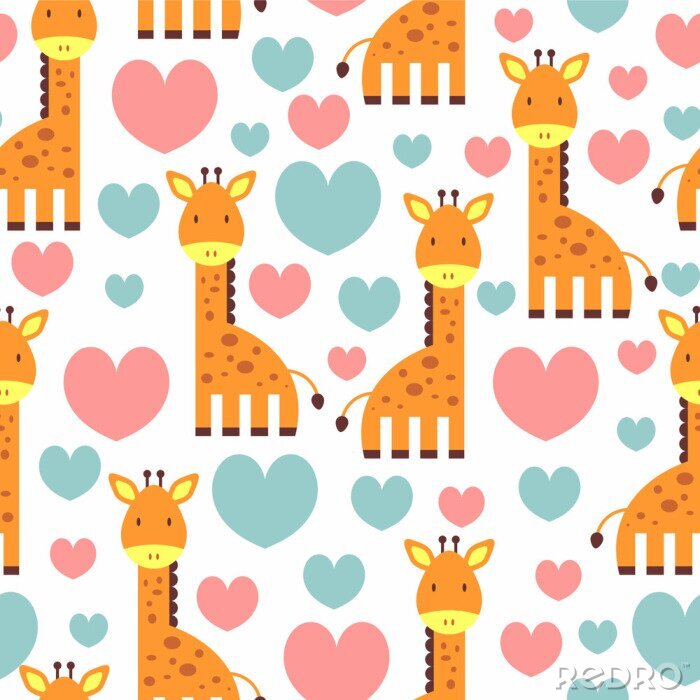 Papier peint à motif  Girafes mignonnes parmi les coeurs
