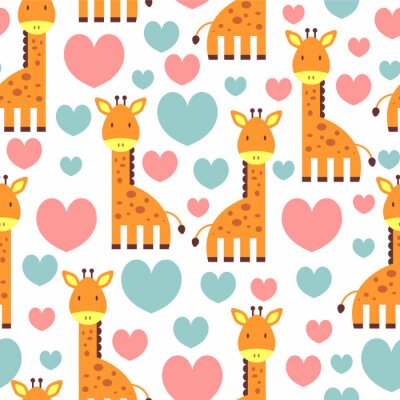 Papier peint à motif  Girafes mignonnes parmi les coeurs