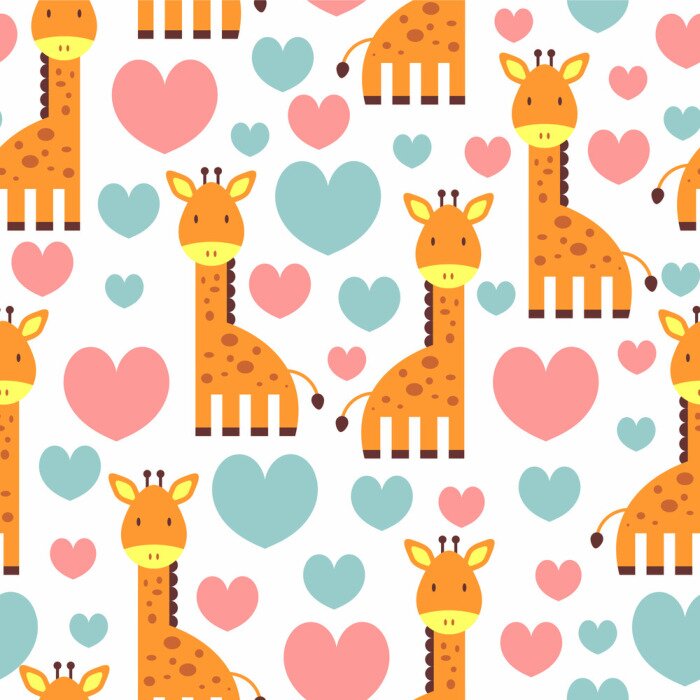Papier peint à motif  Girafes mignonnes parmi les coeurs